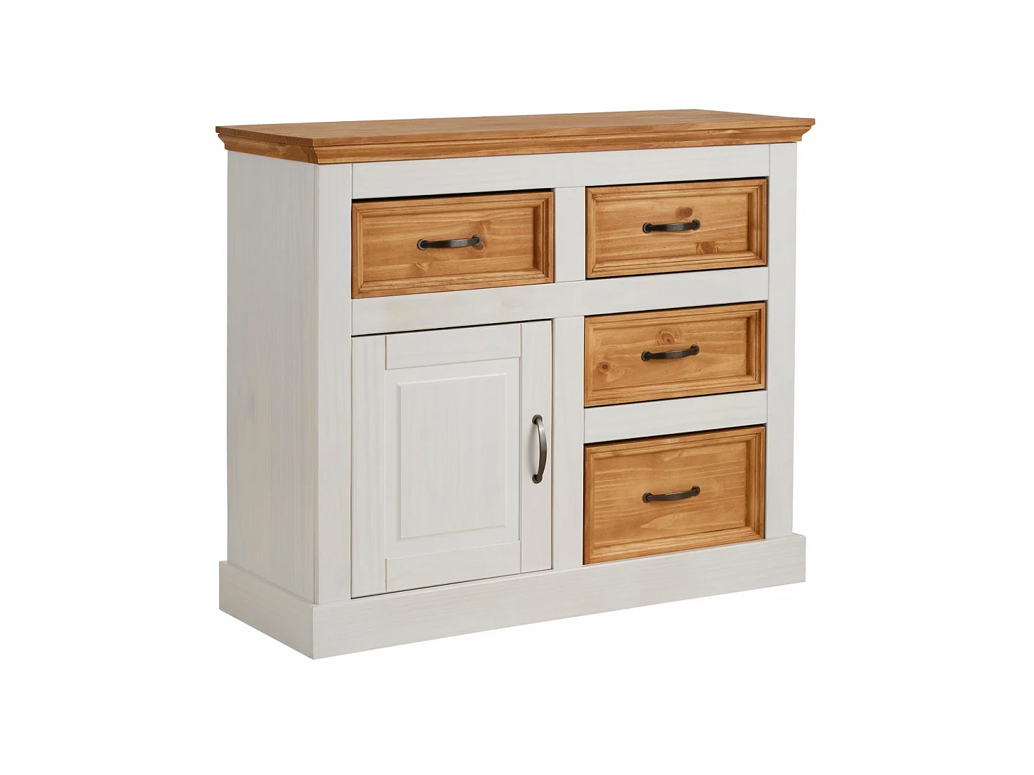 Credenza con 4 cassetti e 1 anta in pino bianco e cera antimacchia