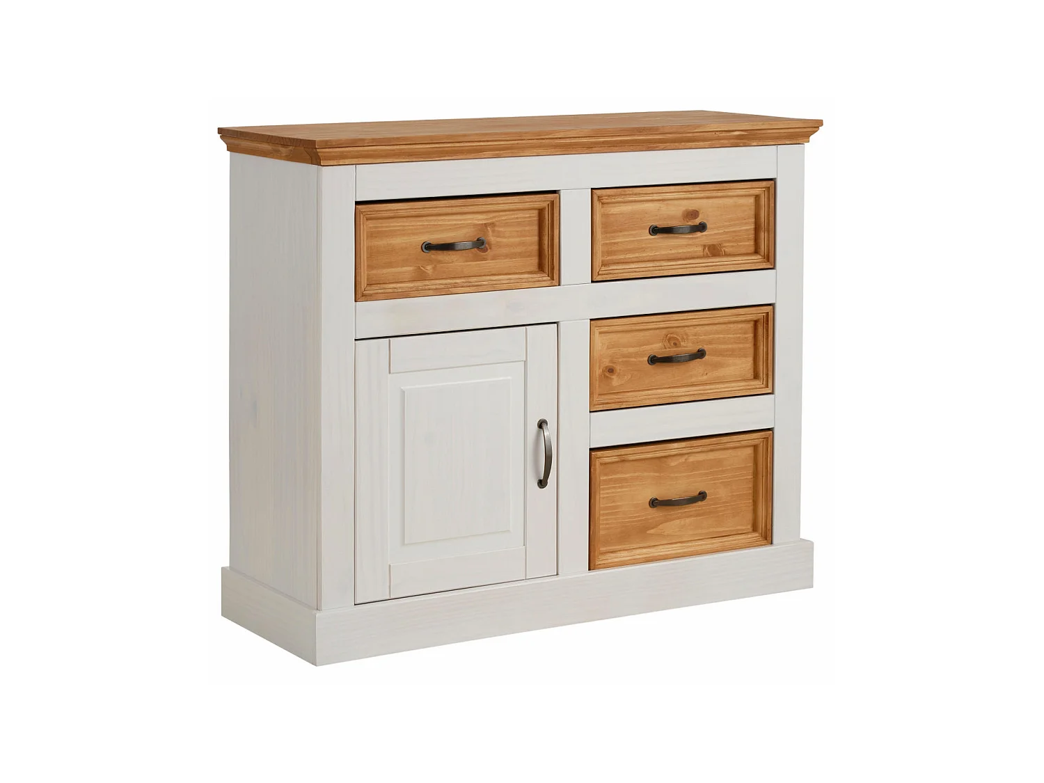 Credenza con 4 cassetti e 1 anta in pino bianco e cera antimacchia