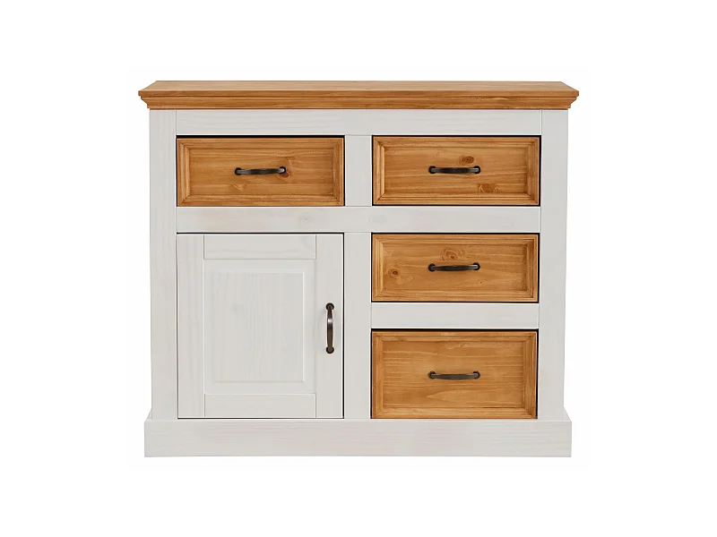 Credenza con 4 cassetti e 1 anta in pino bianco e cera antimacchia