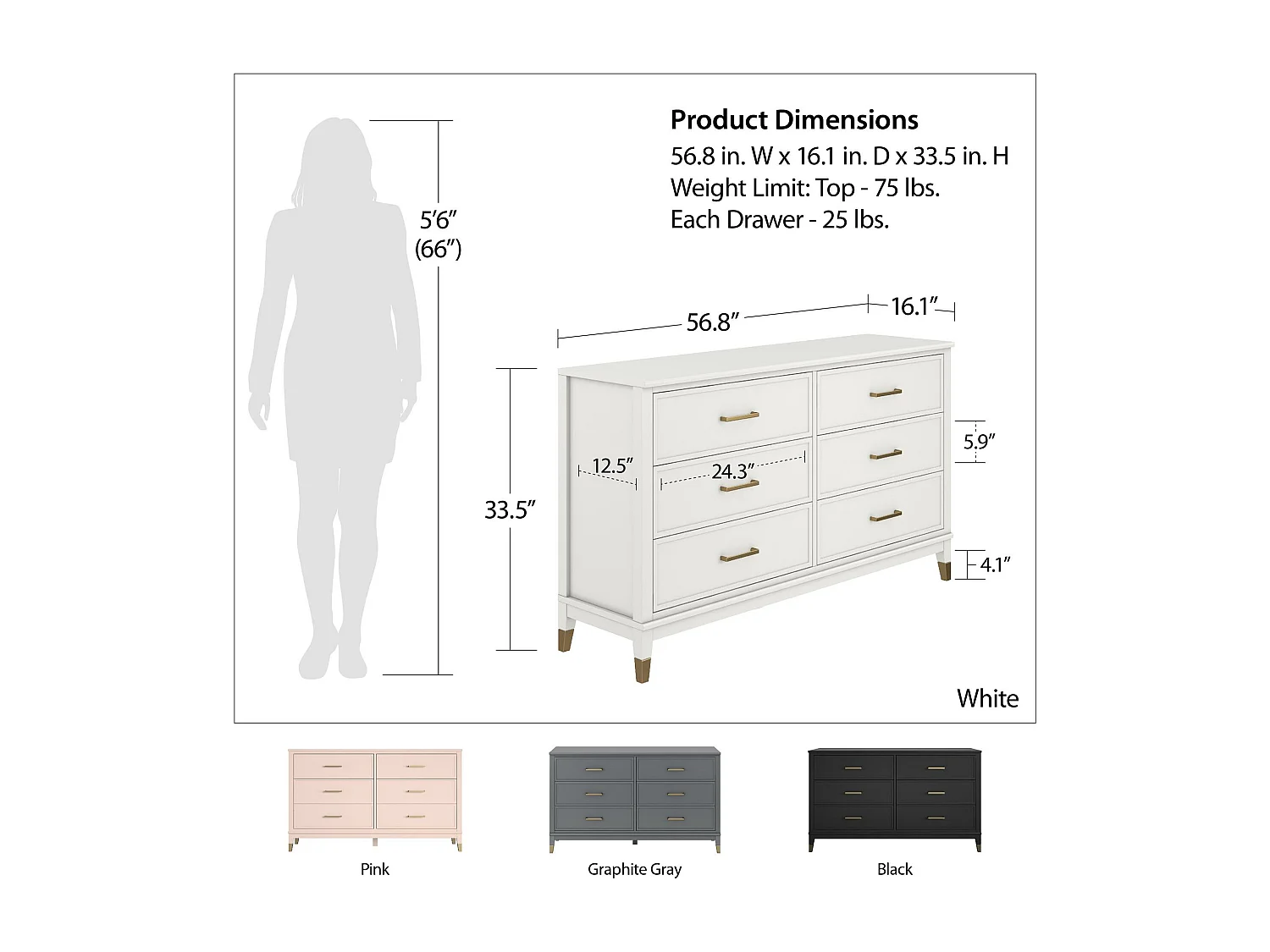 Westerleigh | Commode à 6 tiroirs en MDF gris graphite