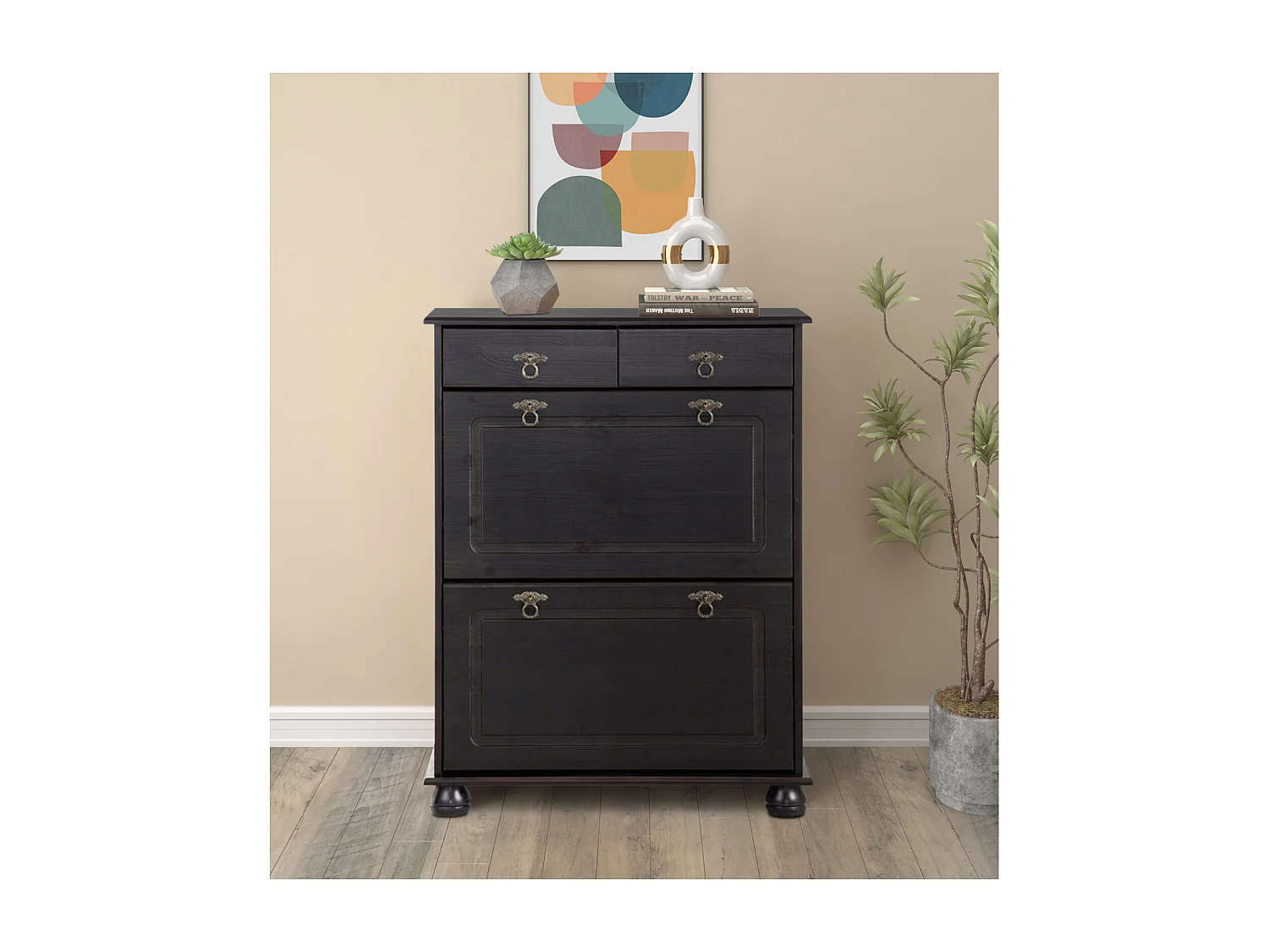 Finca | Meuble à chaussures avec 2 tiroirs et 2 abattants en pin brun