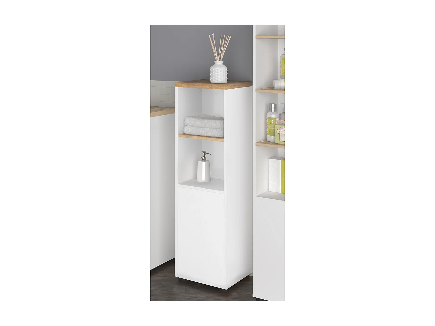 Schrank mit 1 Tür und 1 Regal aus MDF weiß und Eiche