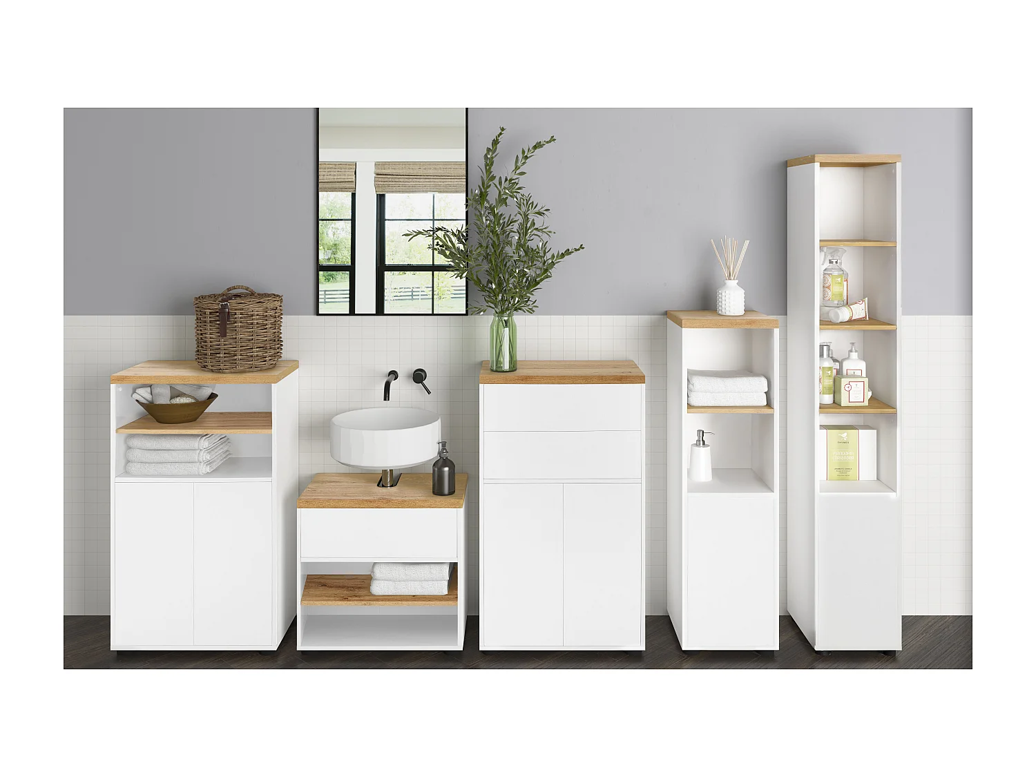 Schrank mit 1 Tür und 1 Regal aus MDF weiß und Eiche