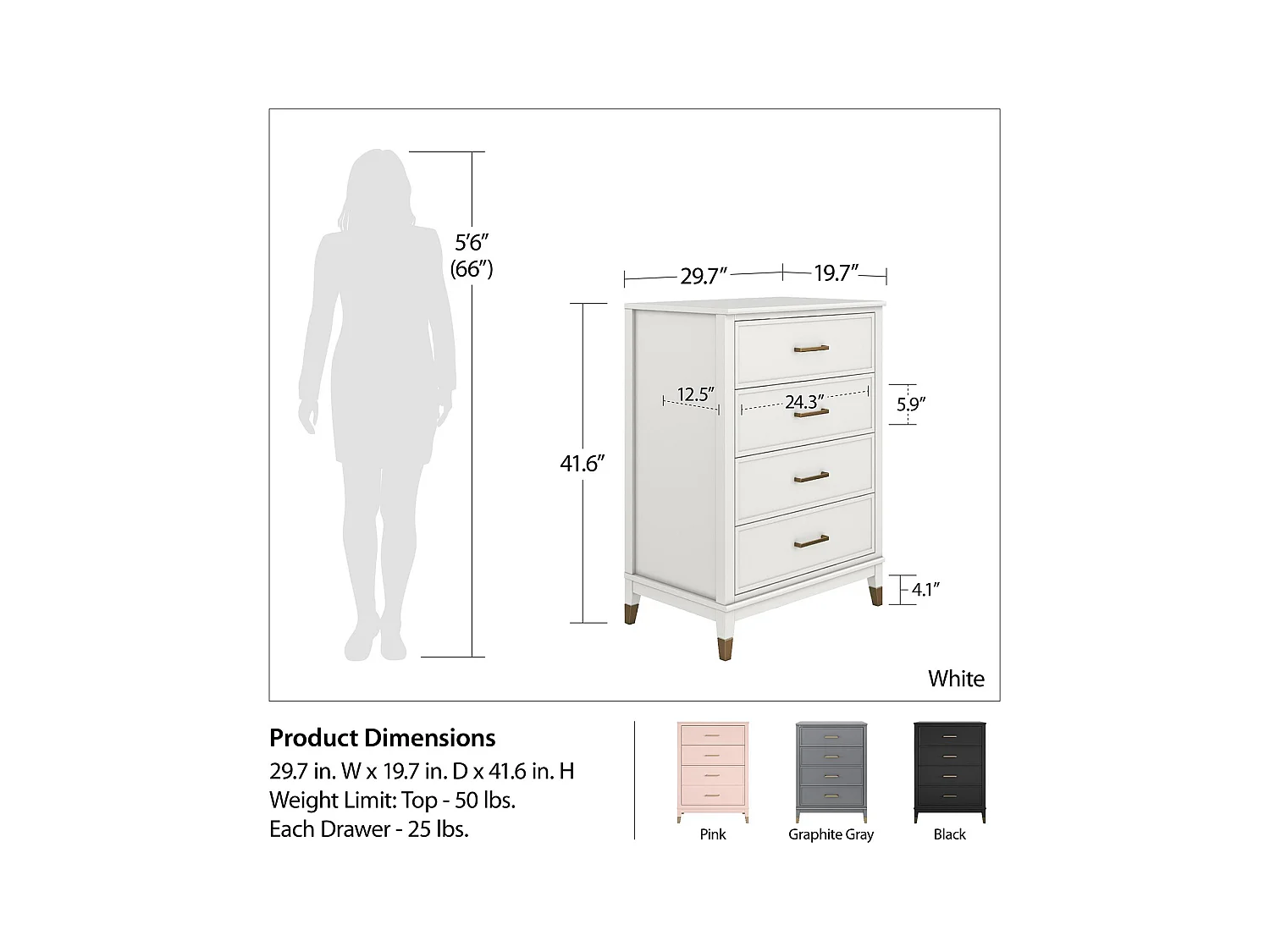 Kommode mit 4 Schubladen in MDF schwarz