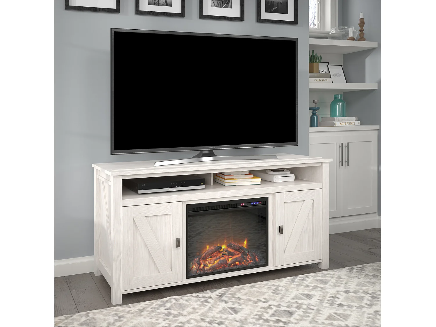 Credenza con caminetto elettrico in agglomerato di legno bianco