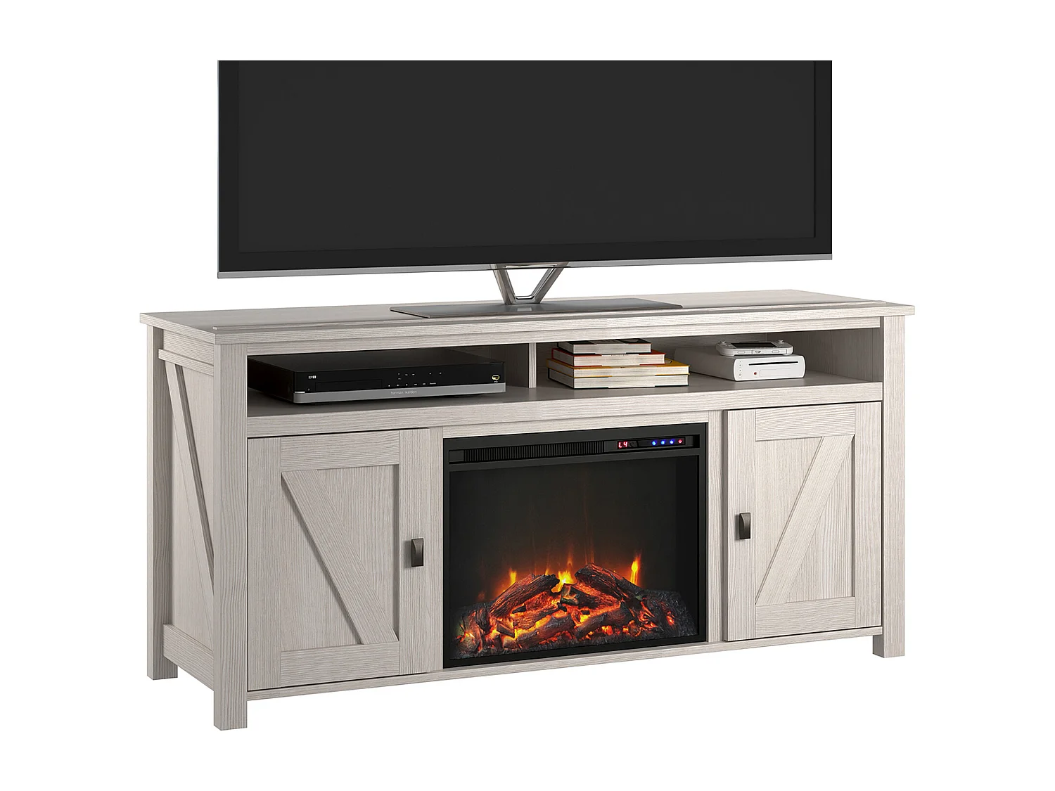 Credenza con caminetto elettrico in agglomerato di legno bianco