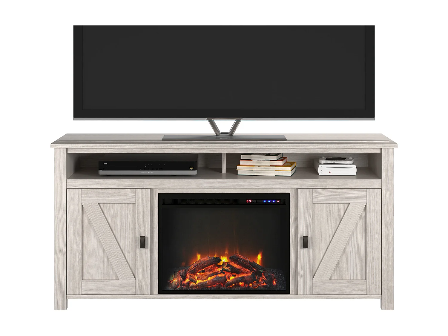 Credenza con caminetto elettrico in agglomerato di legno bianco