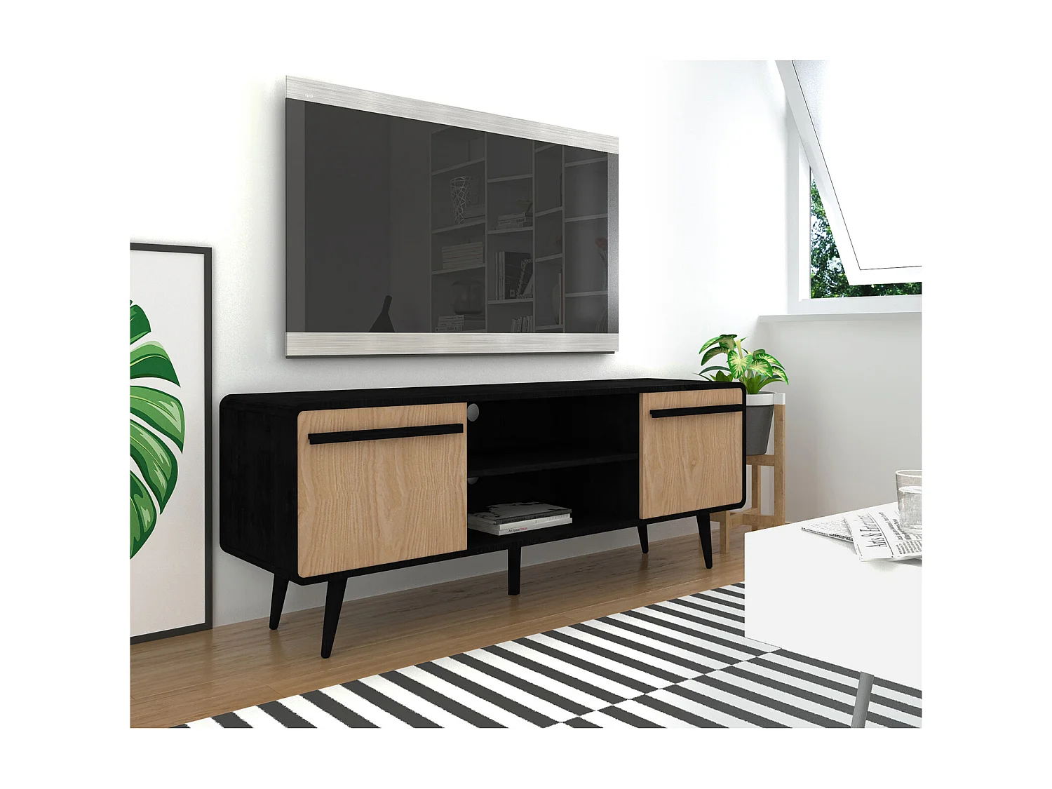 Chantal | Lowboard avec 2 tiroirs en aggloméré nature et noir