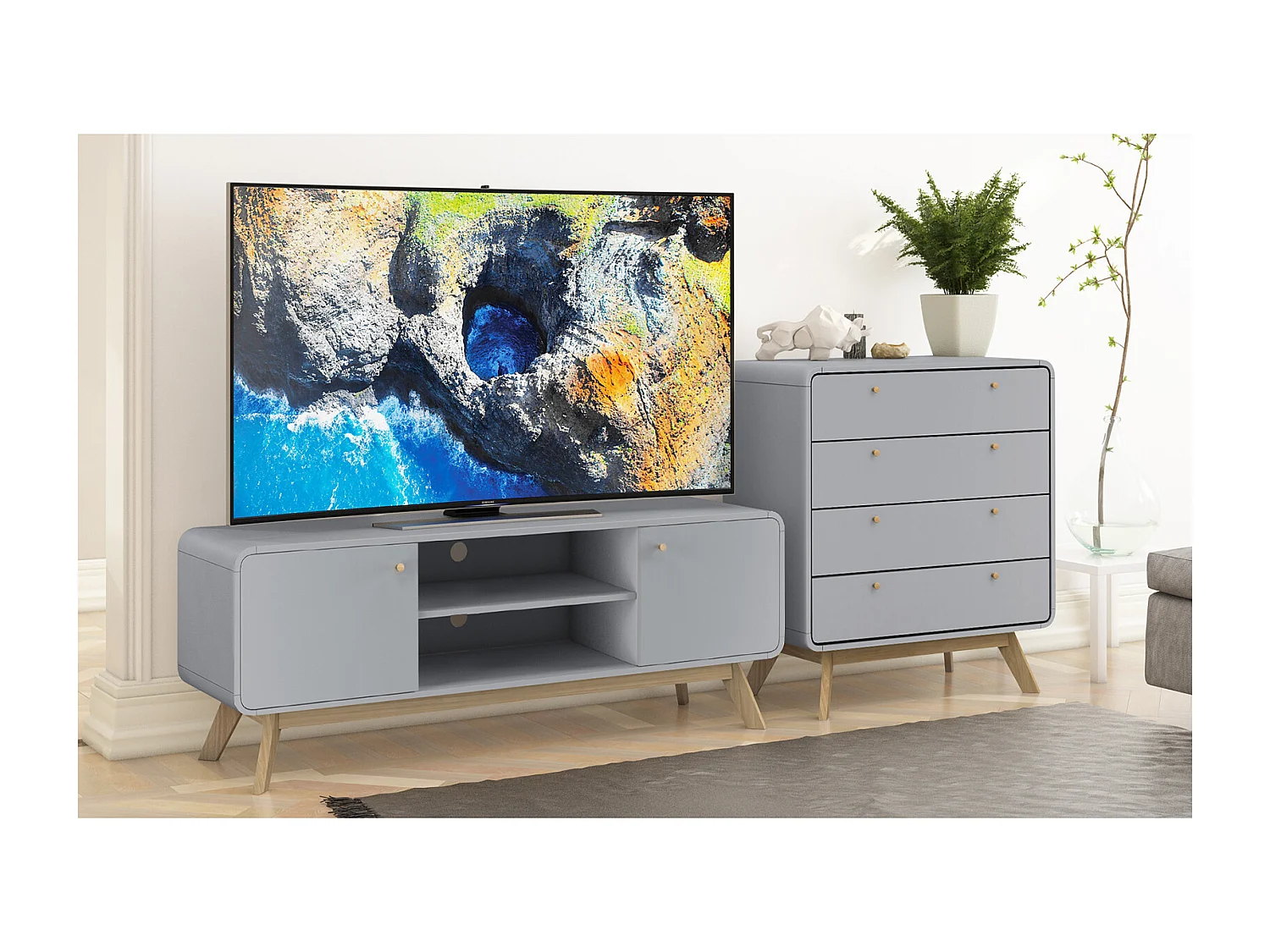 Cassie | Lowboard avec 2 portes en partical gris