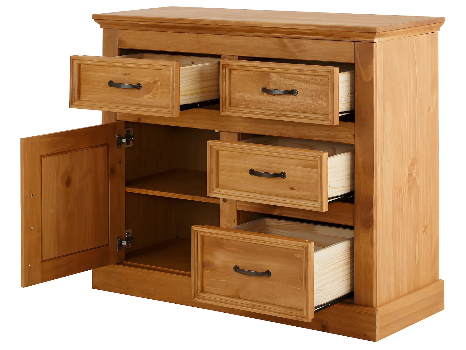 Credenza con 4 cassetti e 1 anta in pino tinto cera