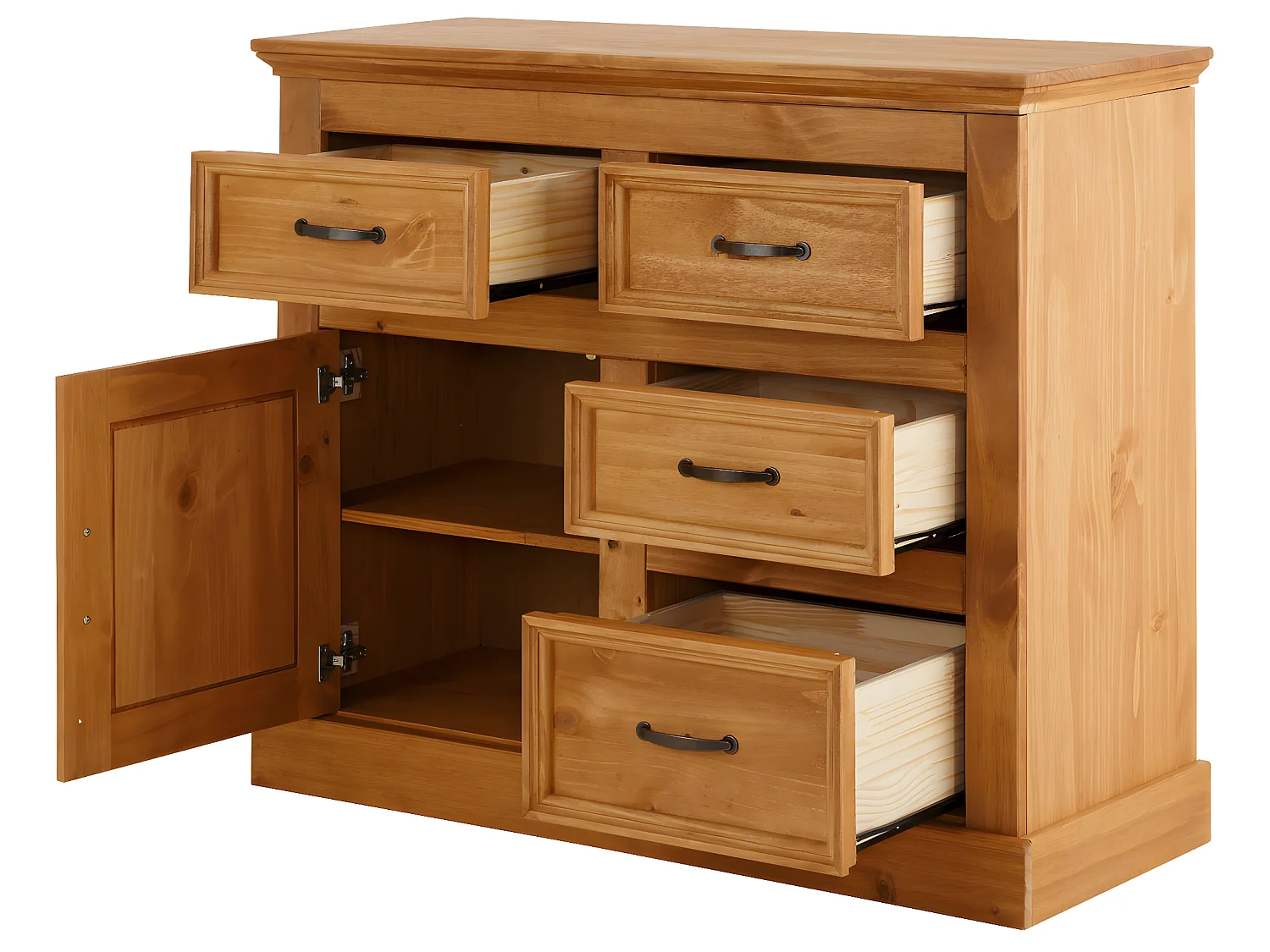 Credenza con 4 cassetti e 1 anta in pino tinto cera