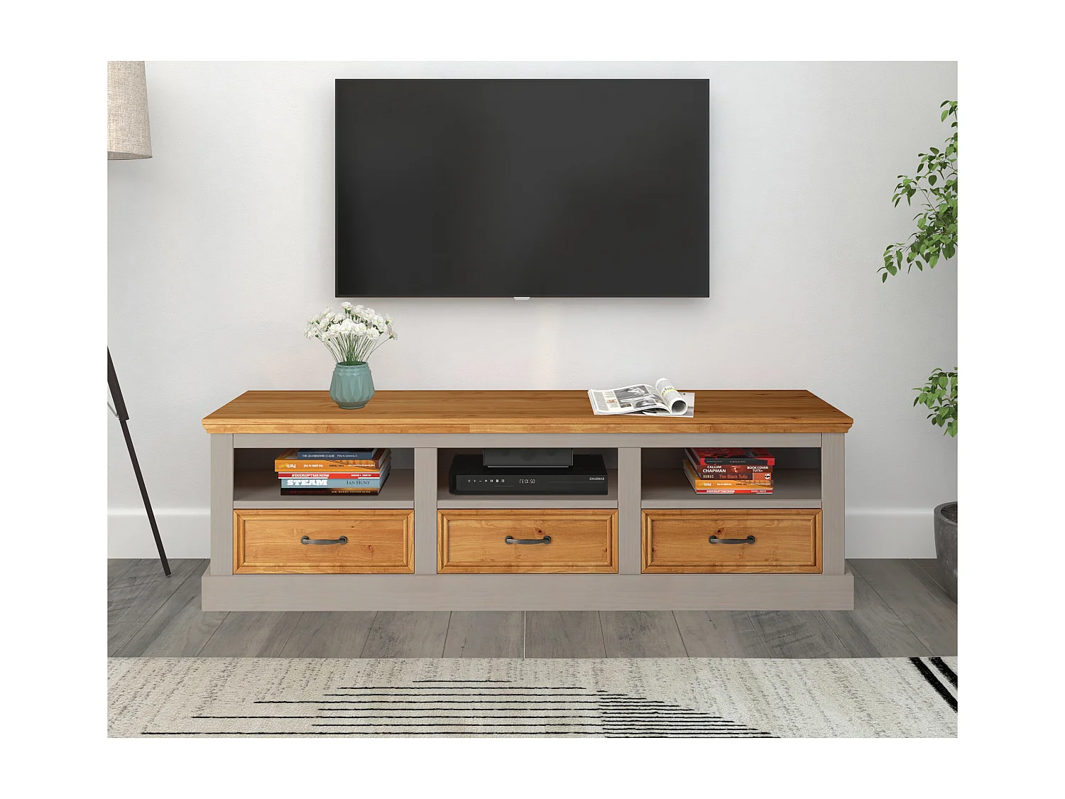 Selma | Lowboard à 3 tiroirs en pin gris et teint ciré