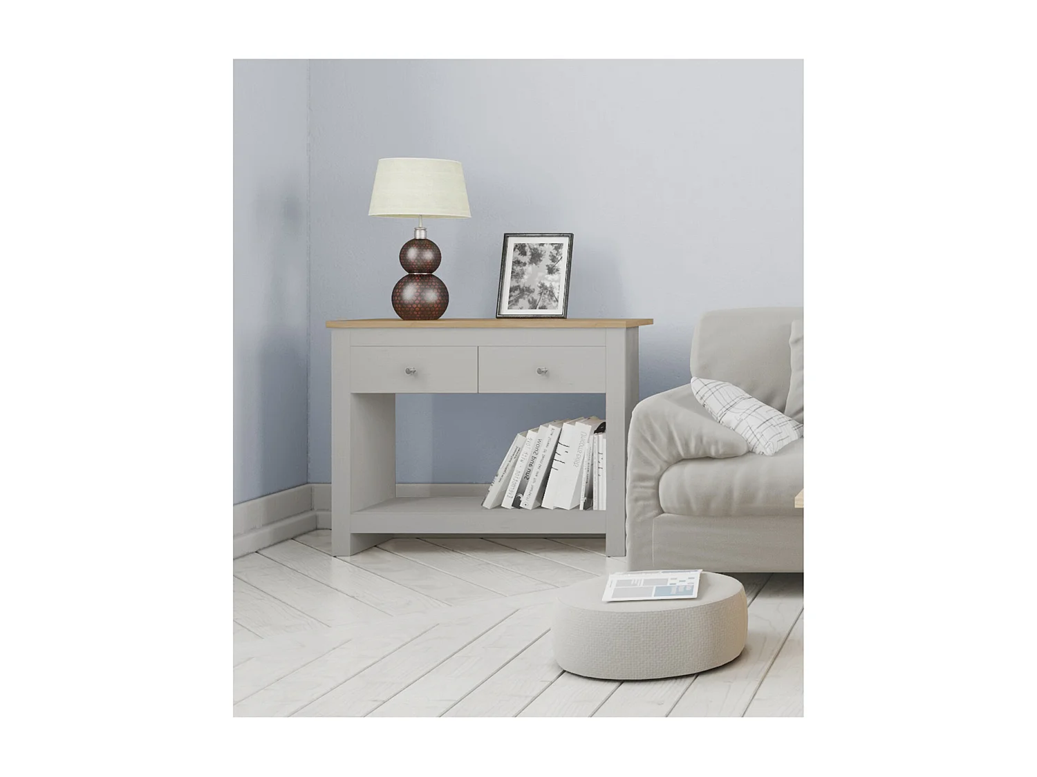 Consolle con 2 cassetti in MDF rovere e grigio