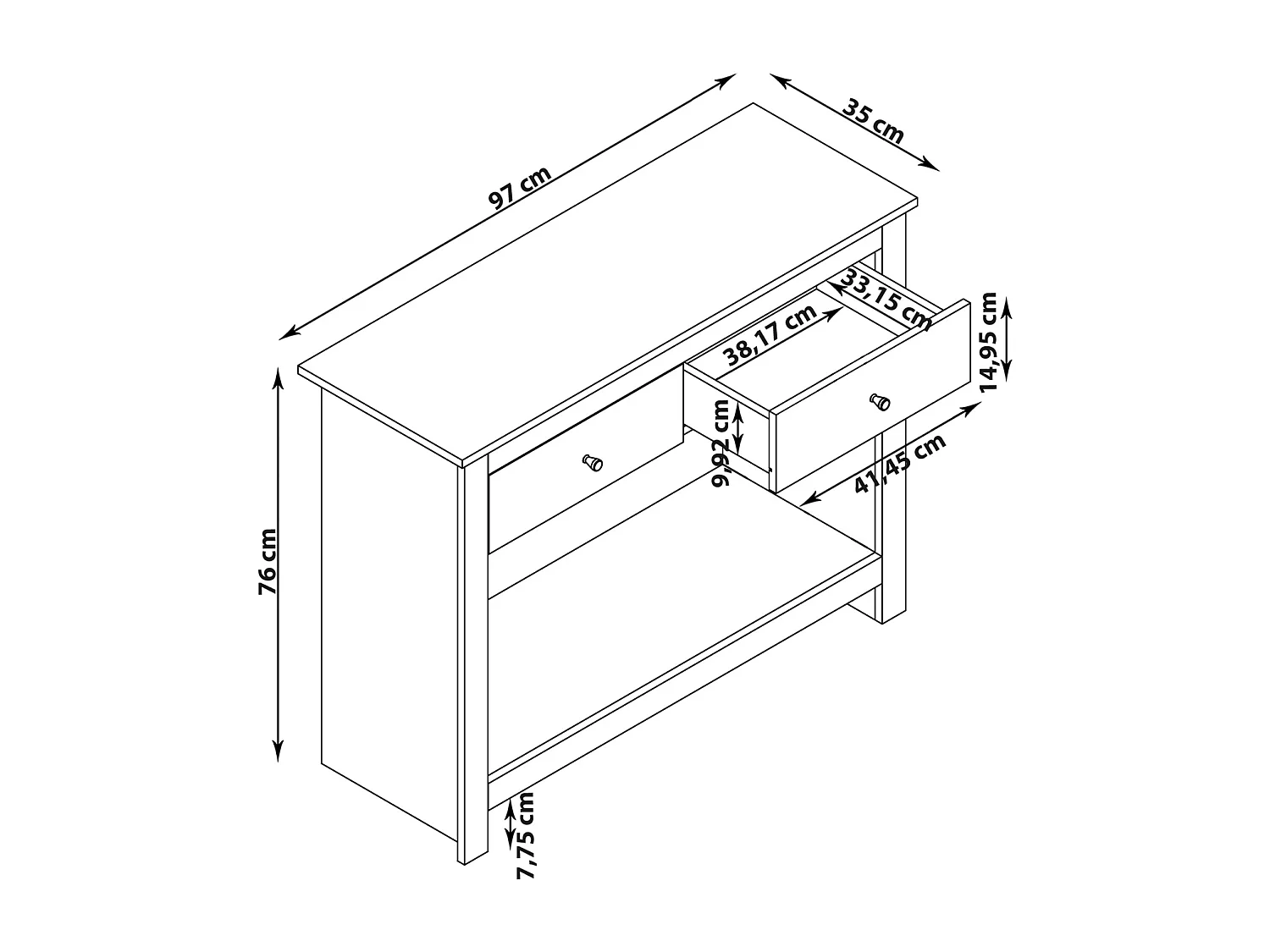 Konsolentisch mit 2 Schubladen aus MDF-Eiche und Grau