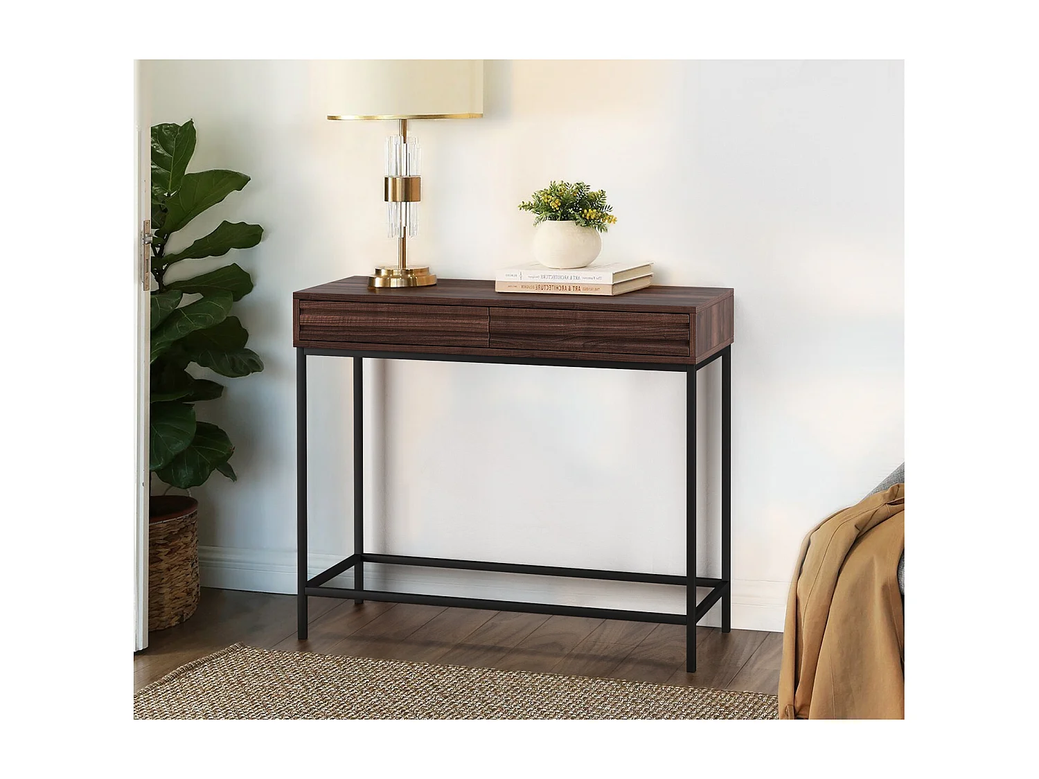 Celine | Table console avec 2 tiroirs en panneaux de particules noyer