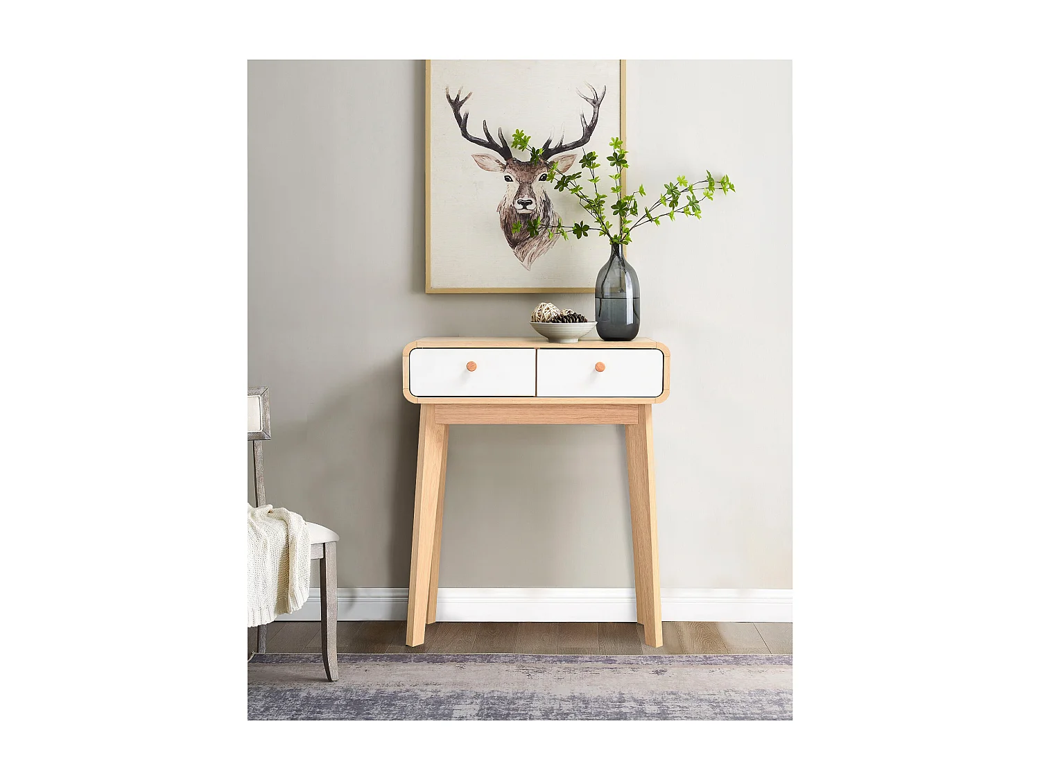 Cassie | Bureau 2 tiroirs en panneau de particules chêne et blanc