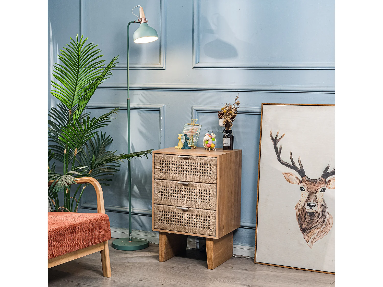 Chiffonnier 3 tiroirs en bois et corde naturelle