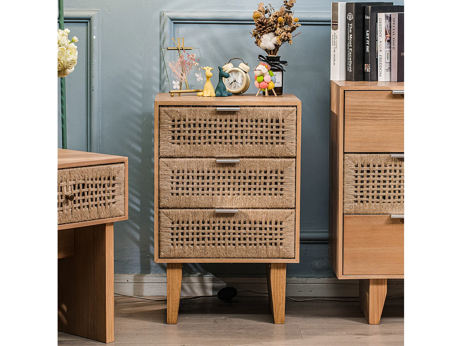 Chiffonnier 3 tiroirs en bois et corde naturelle