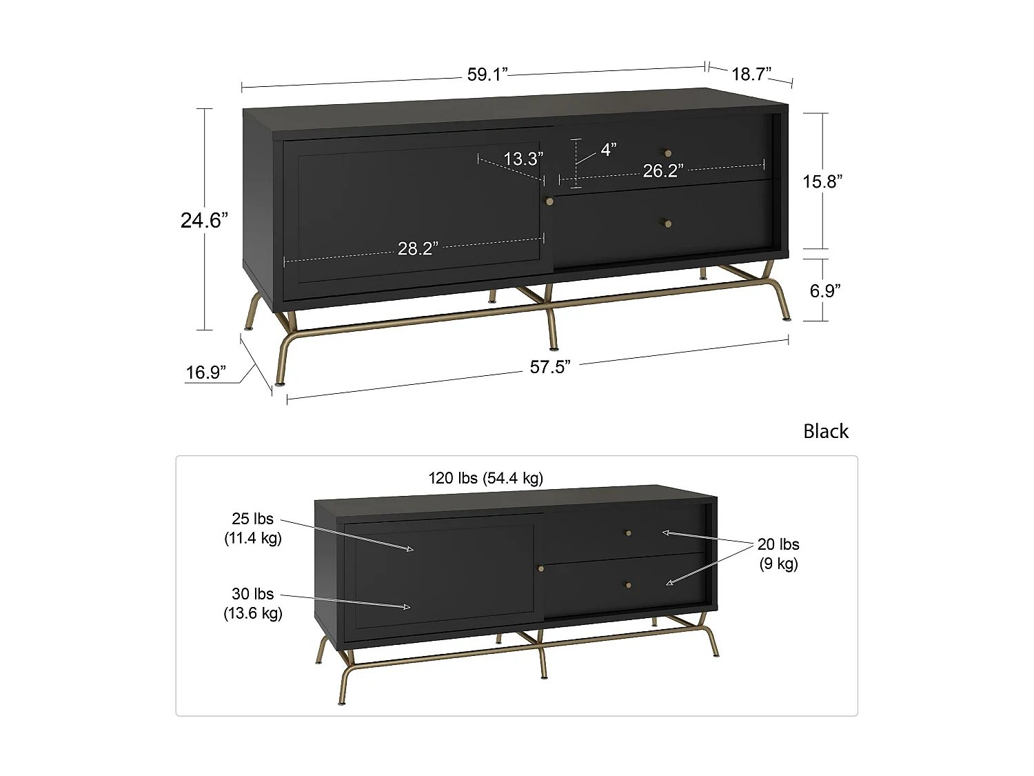 Porta tv con 2 cassetti e 1 anta in nobilitato nero