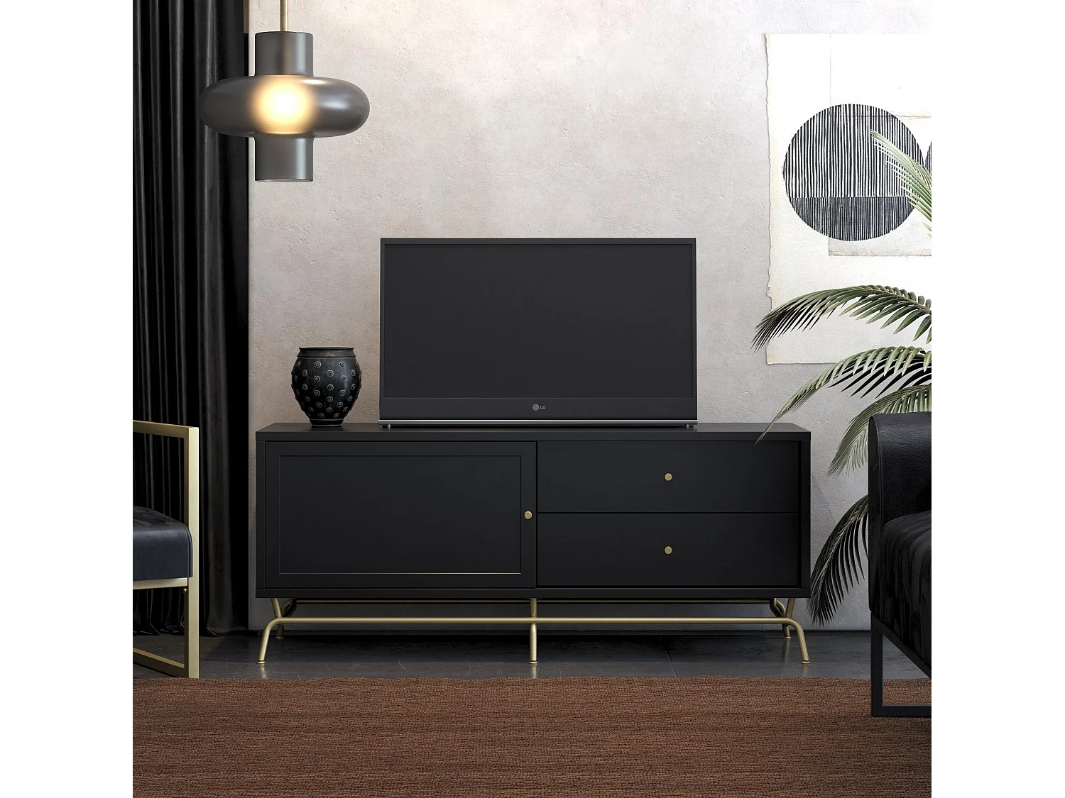 Porta tv con 2 cassetti e 1 anta in nobilitato nero