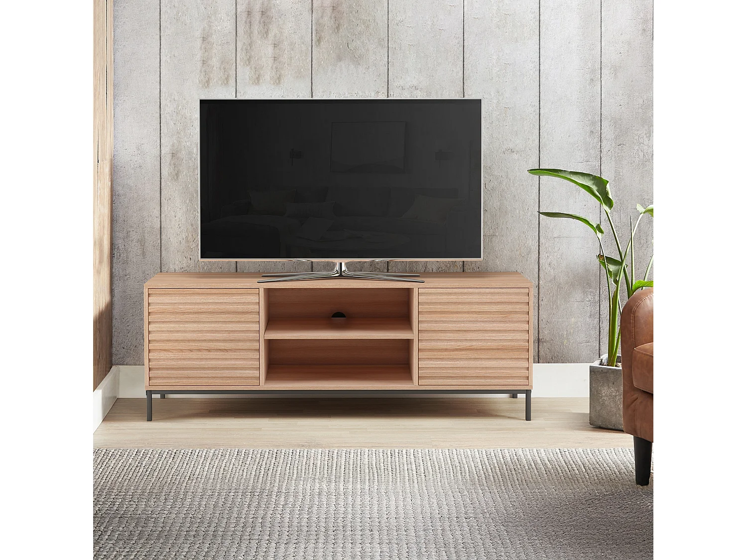 Celine | Meuble TV avec 2 portes et 2 compartiments ouverts en aggloméré de bois Chêne