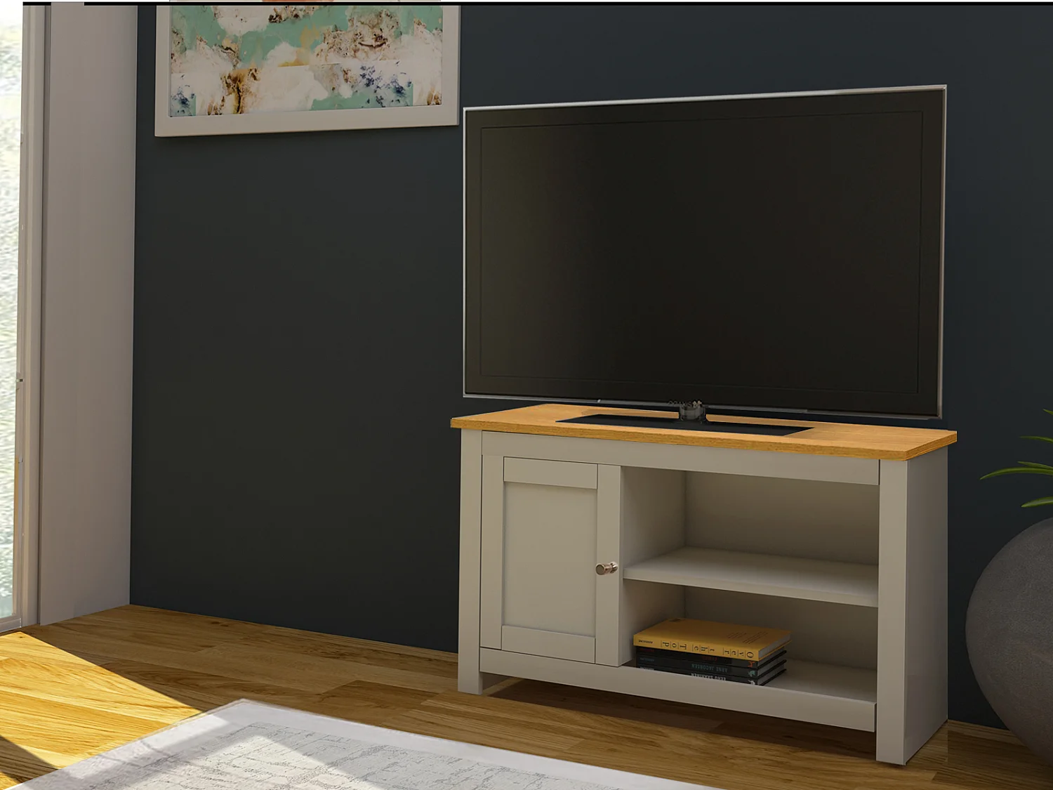 Mueble TV con 1 puerta en MDF roble y crema