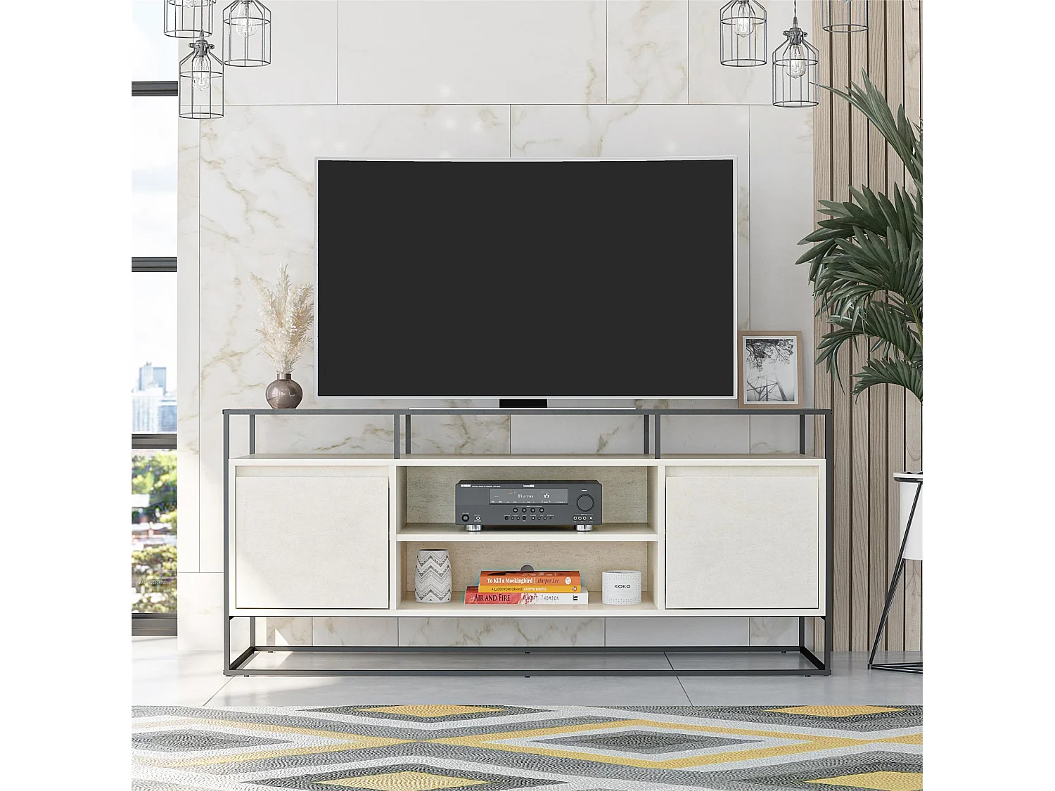 TV-Schrank aus Glas mit Unterteil aus MDF in Gips