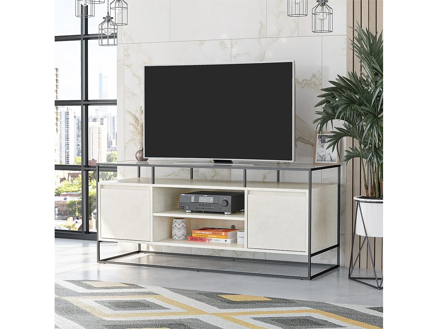 TV-Schrank aus Glas mit Unterteil aus MDF in Gips