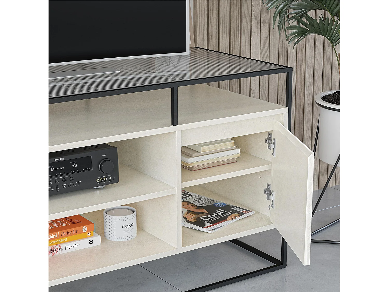 TV-Schrank aus Glas mit Unterteil aus MDF in Gips