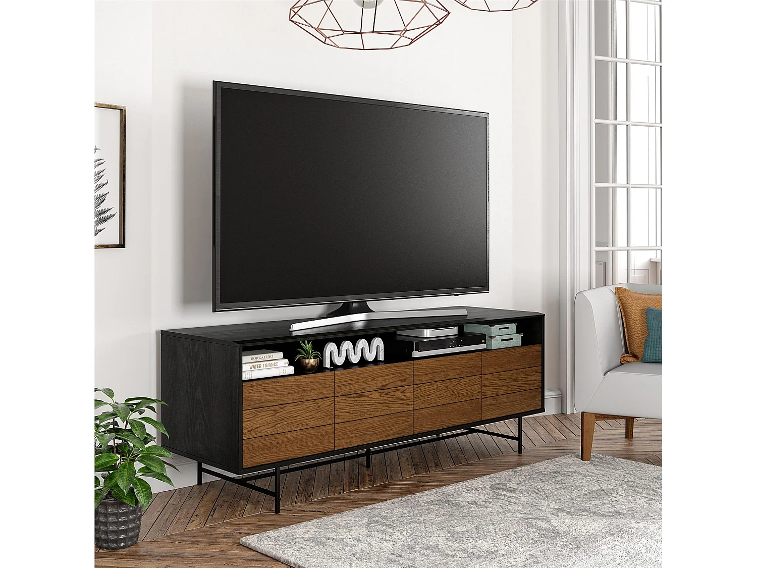 Mueble TV con puertas en tablero de partículas laminado negro y roble