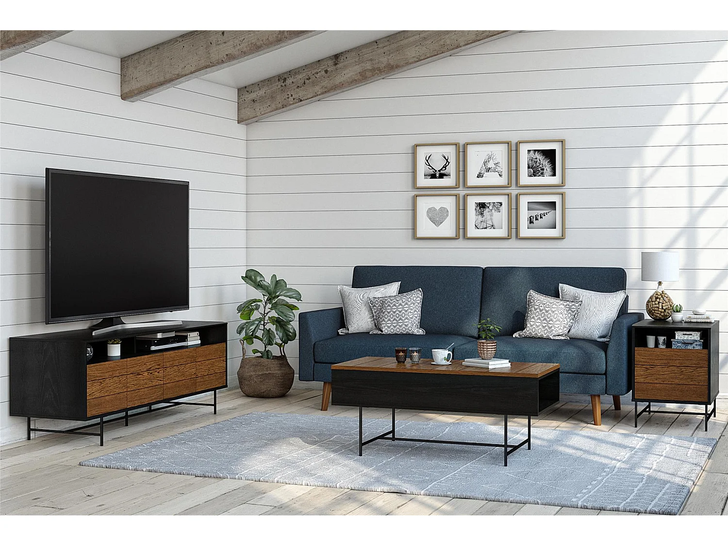 Mueble TV con puertas en tablero de partículas laminado negro y roble