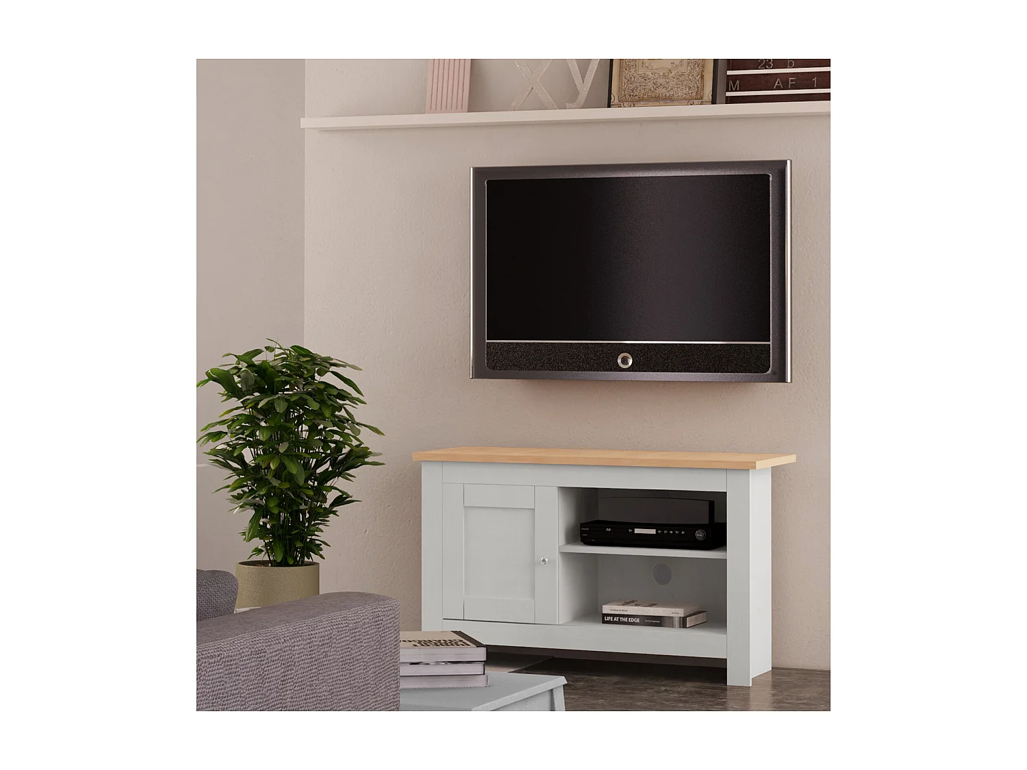 Mueble TV con 1 puerta en MDF roble y gris