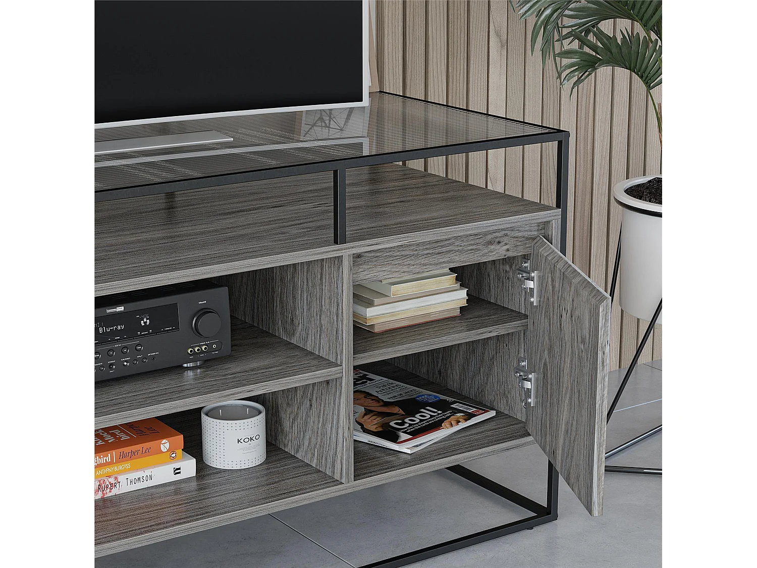 Camley | Meuble TV en verre et piètement en MDF chêne gris