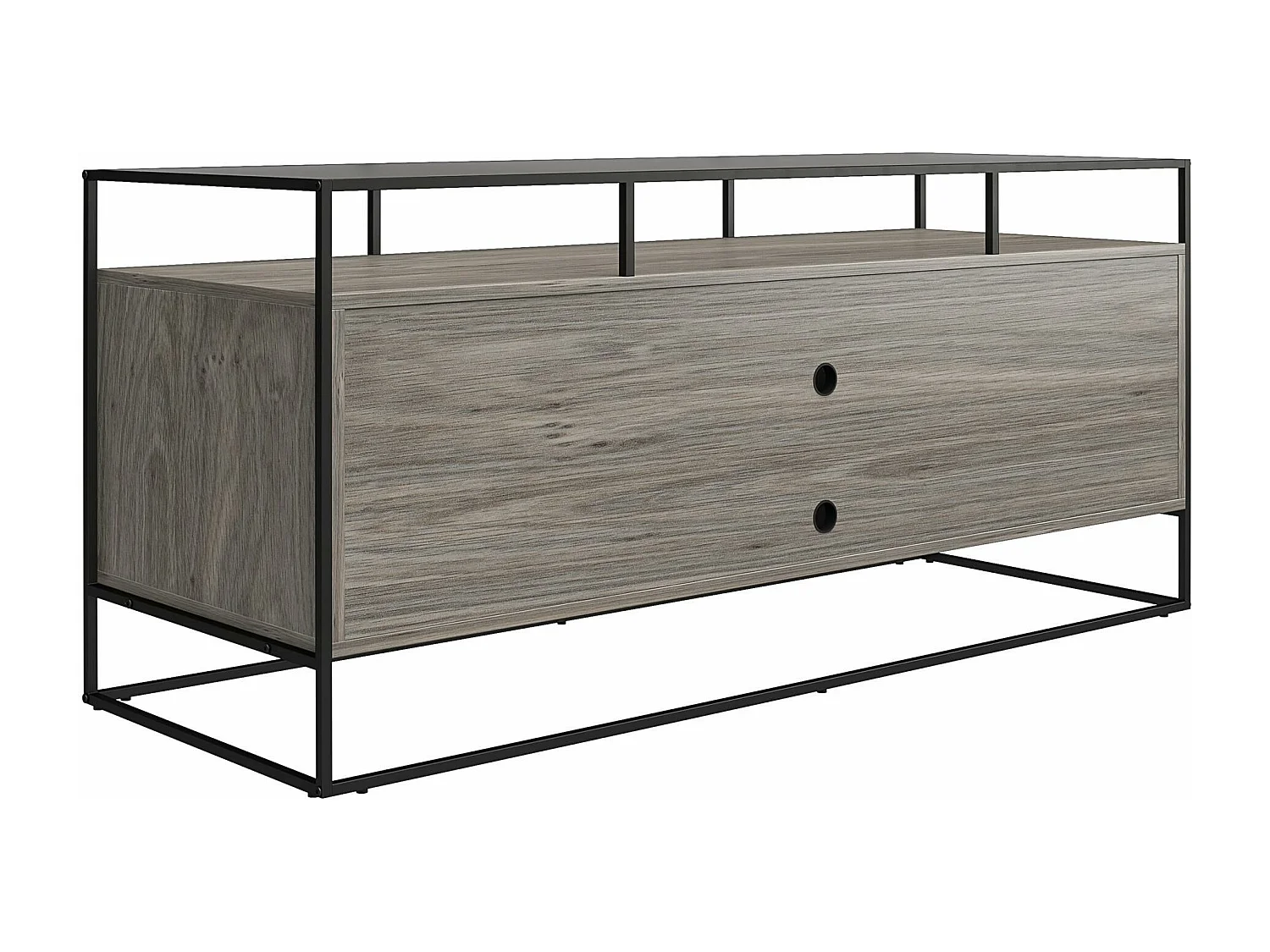 Camley | Meuble TV en verre et piètement en MDF chêne gris