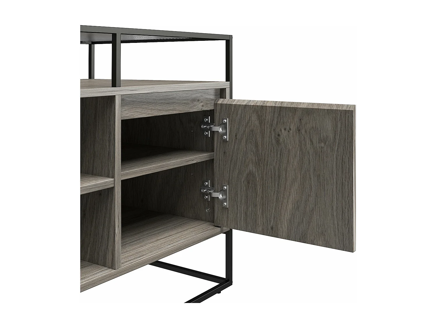 Camley | Meuble TV en verre et piètement en MDF chêne gris