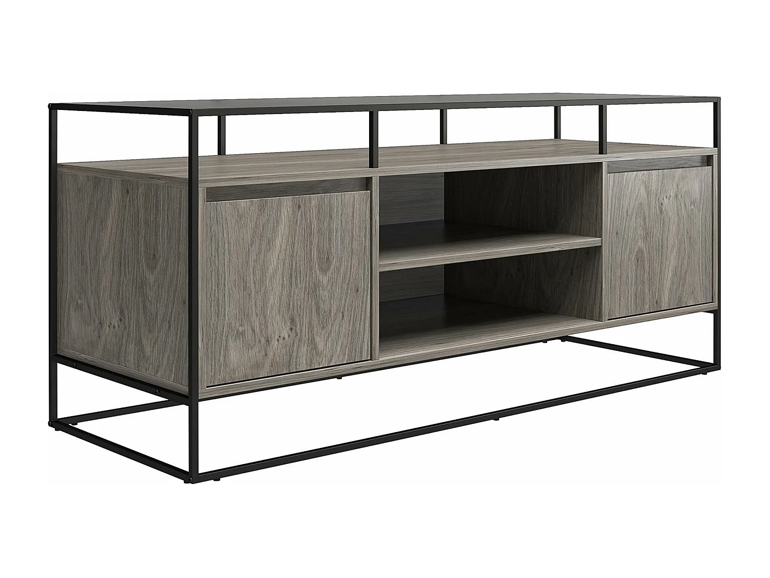 Camley | Meuble TV en verre et piètement en MDF chêne gris