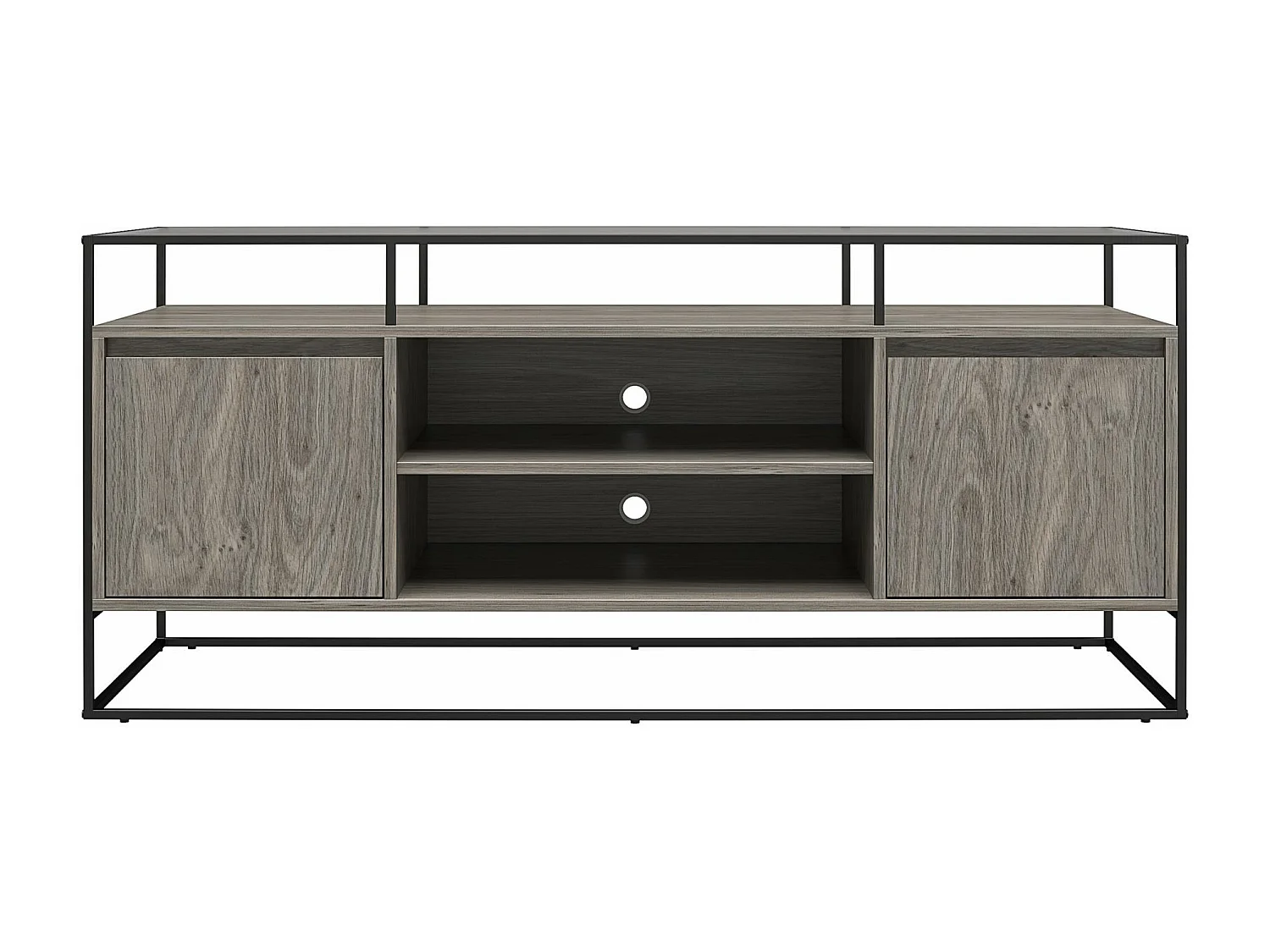 Camley | Meuble TV en verre et piètement en MDF chêne gris