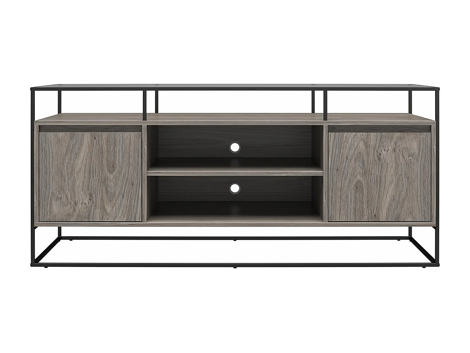 Camley | Meuble TV en verre et piètement en MDF chêne gris