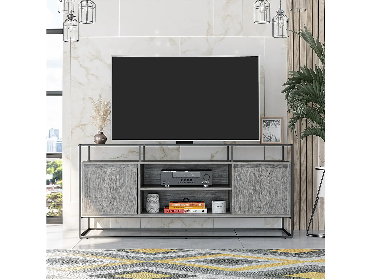 Camley | Meuble TV en verre et piètement en MDF chêne gris