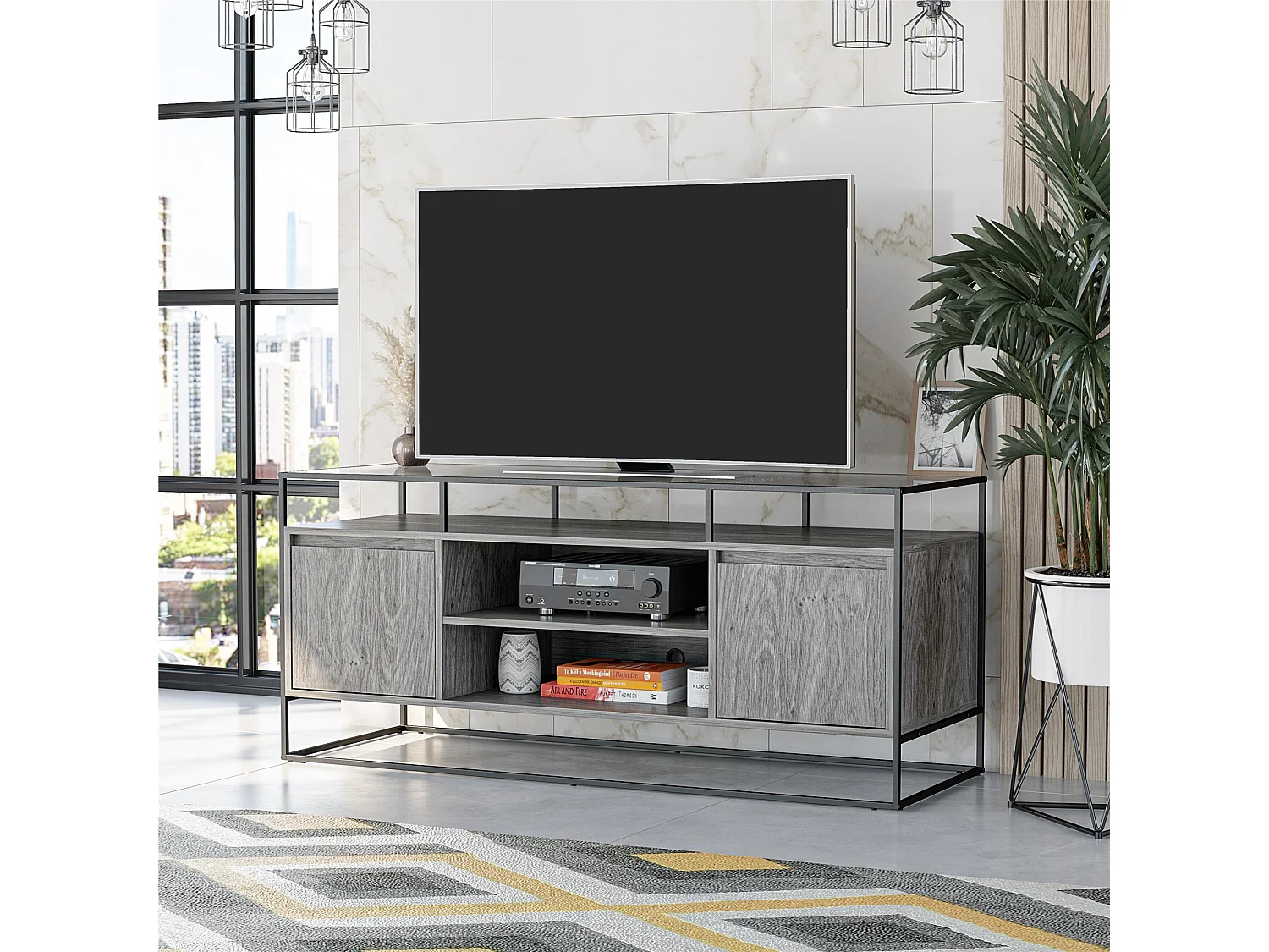 Camley | Meuble TV en verre et piètement en MDF chêne gris