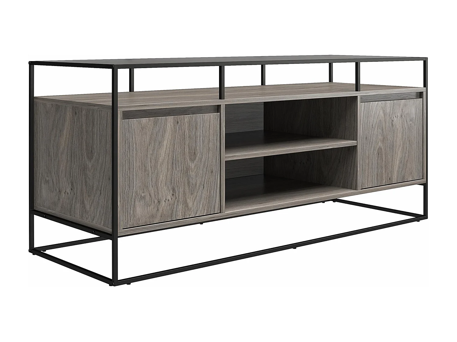 Camley | Meuble TV en verre et piètement en MDF chêne gris