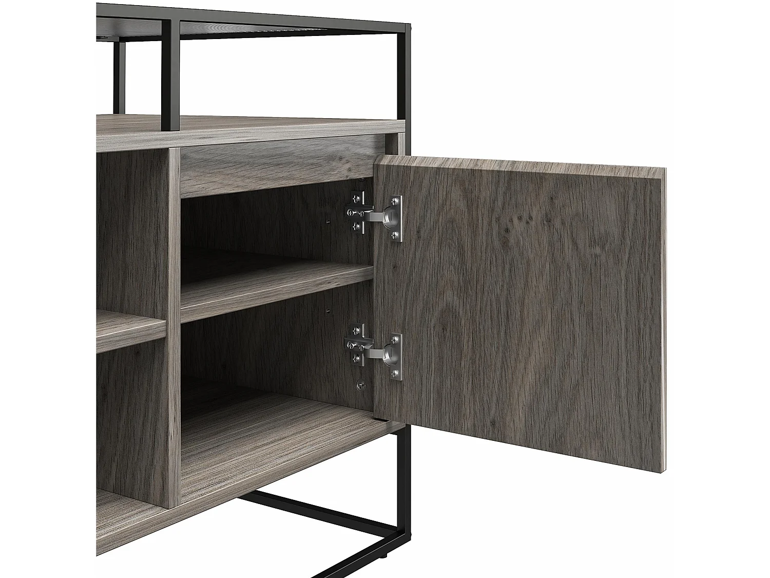 Camley | Meuble TV en verre et piètement en MDF chêne gris