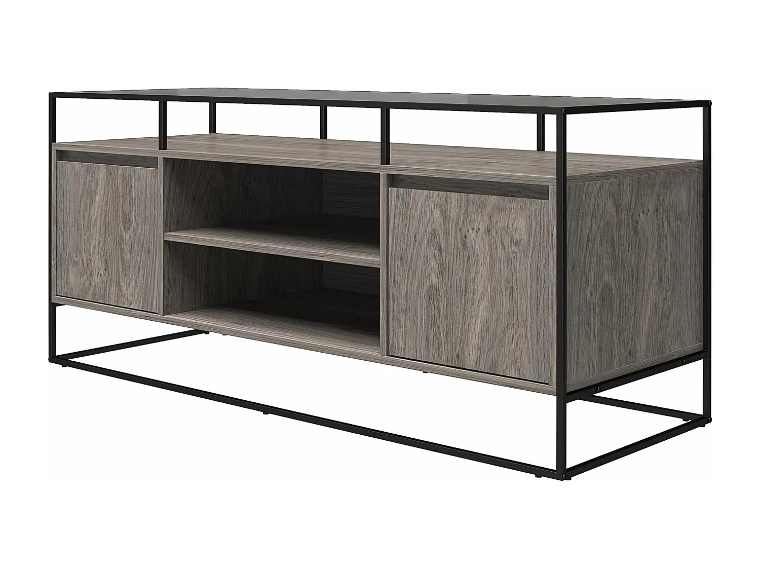 Camley | Meuble TV en verre et piètement en MDF chêne gris