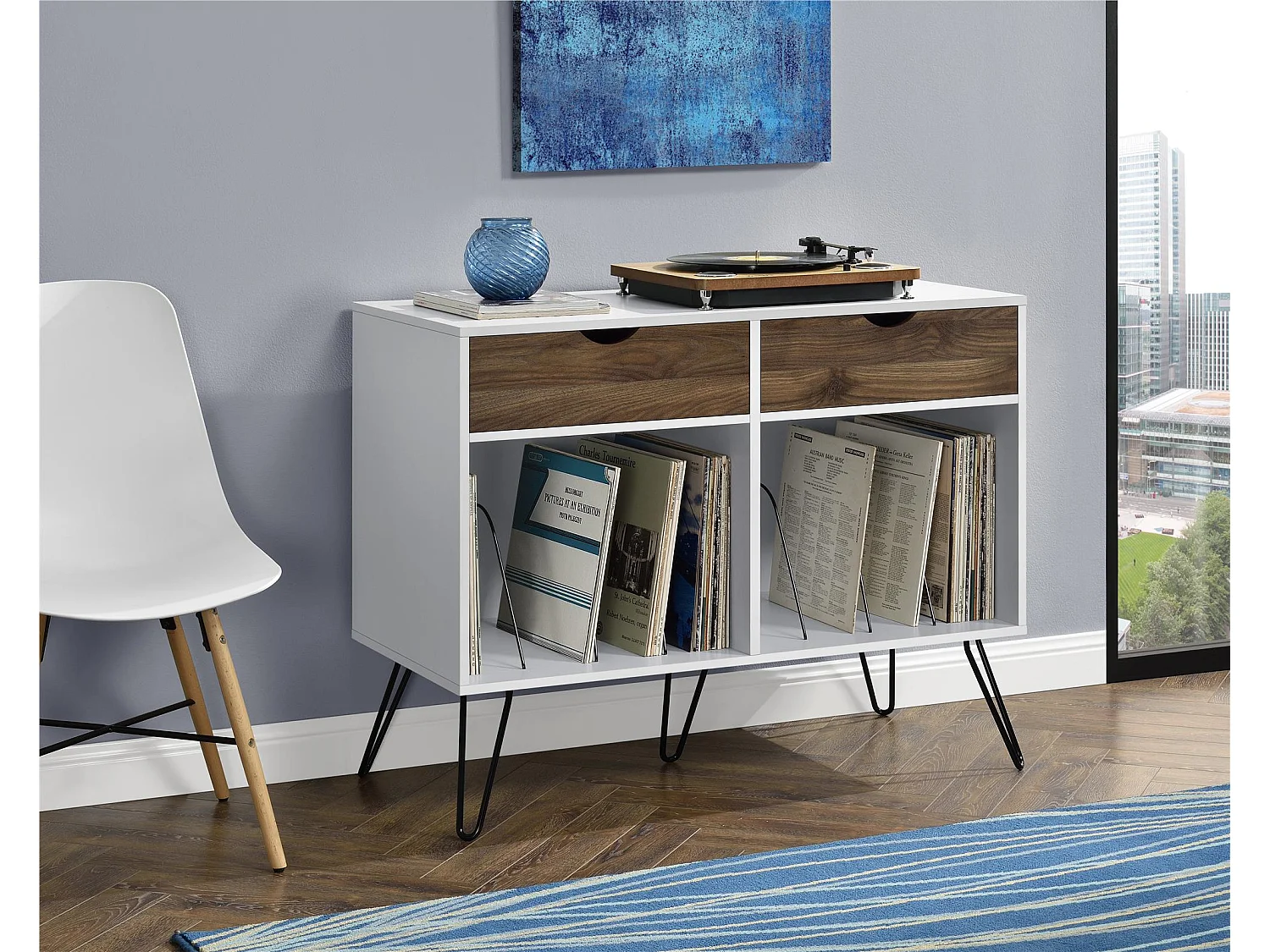 Concord | Plateau tournant avec 2 tiroirs en MDF blanc