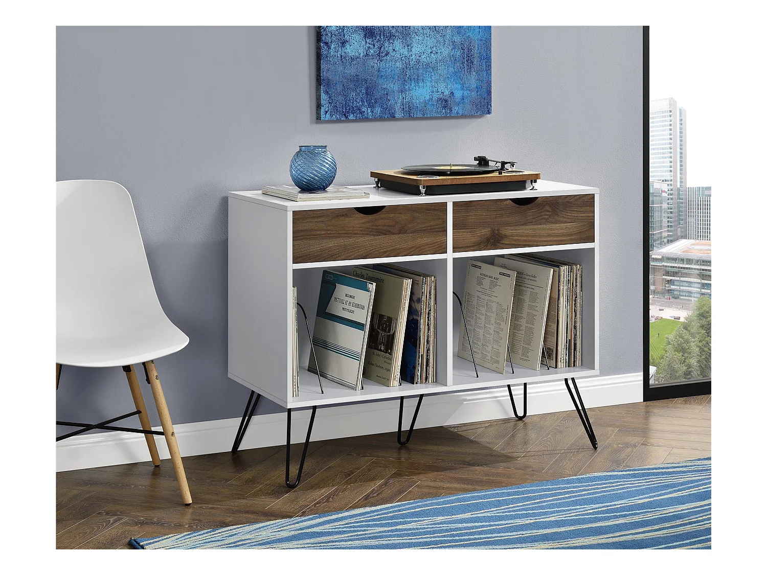 Tocadiscos con 2 cajones en MDF blanco