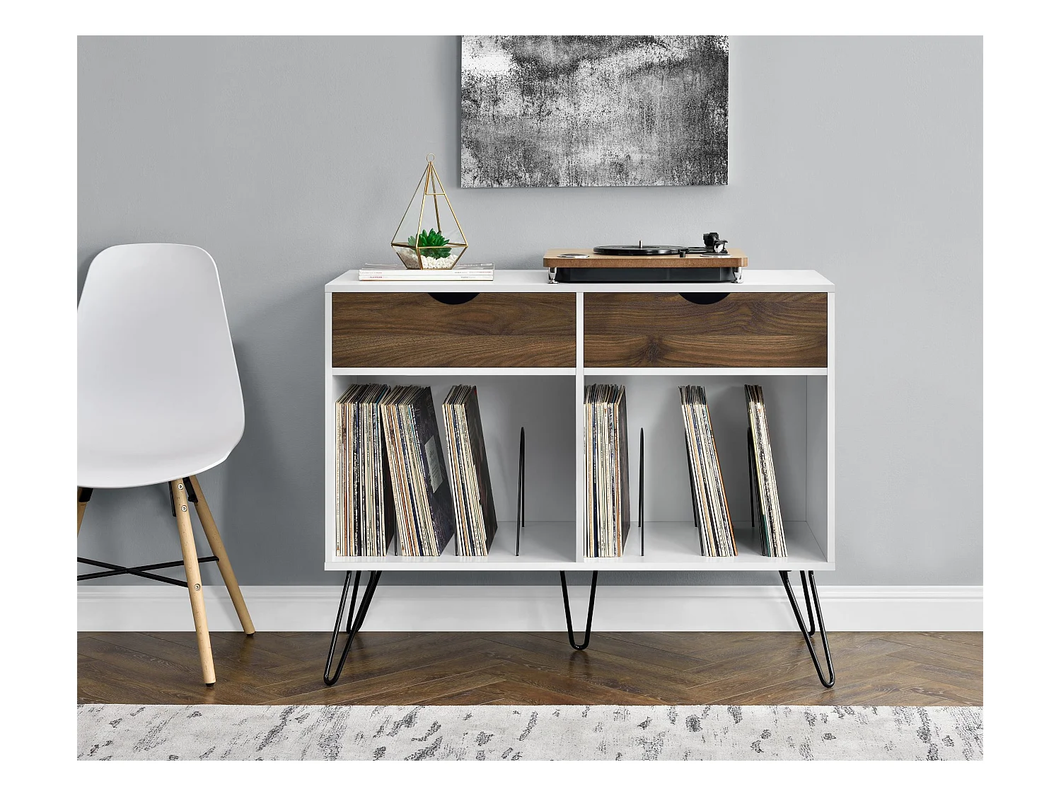 Tocadiscos con 2 cajones en MDF blanco