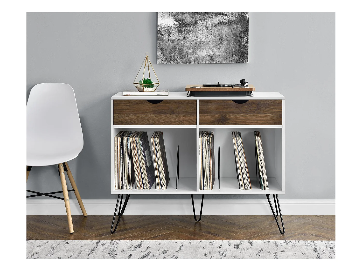 Tocadiscos con 2 cajones en MDF blanco