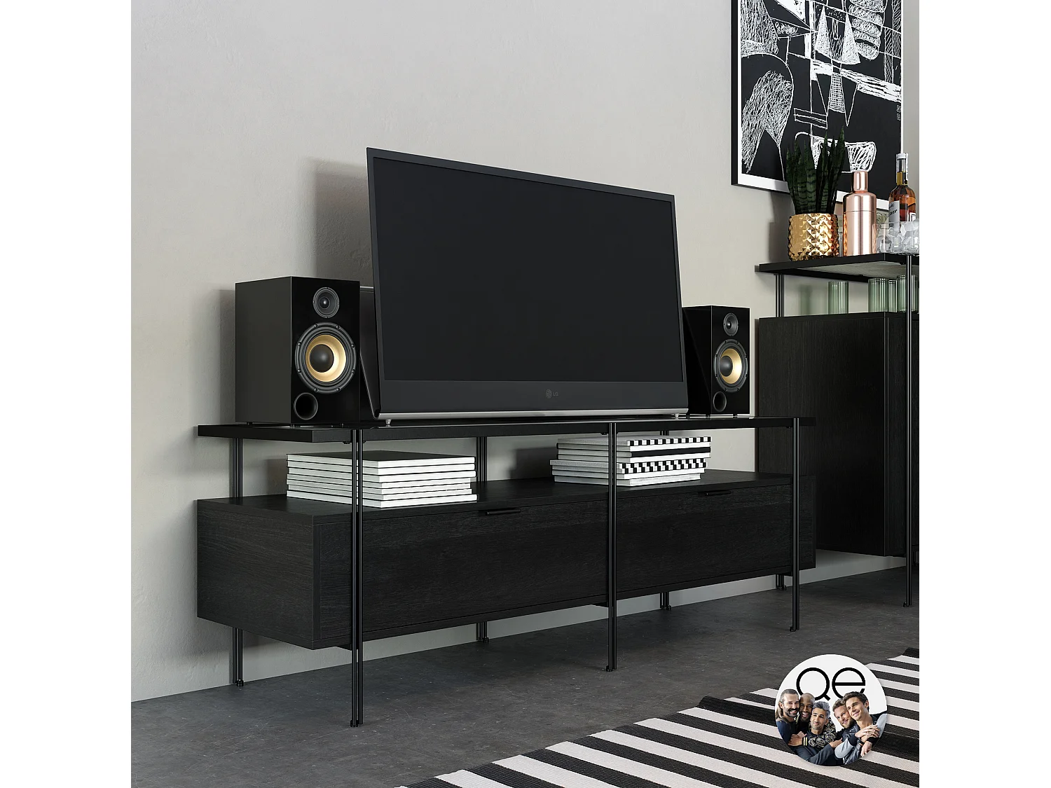 Mueble TV en vidrio y tablero de partículas laminado roble negro