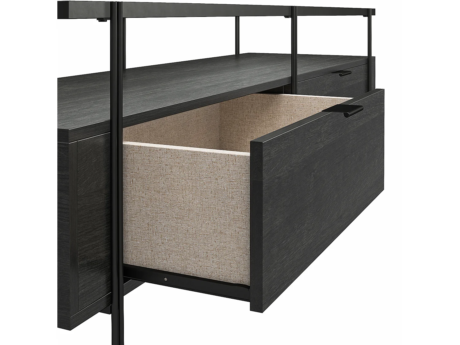 TV-Ständer aus Glas und laminierter Spanplatte aus schwarzer Eiche