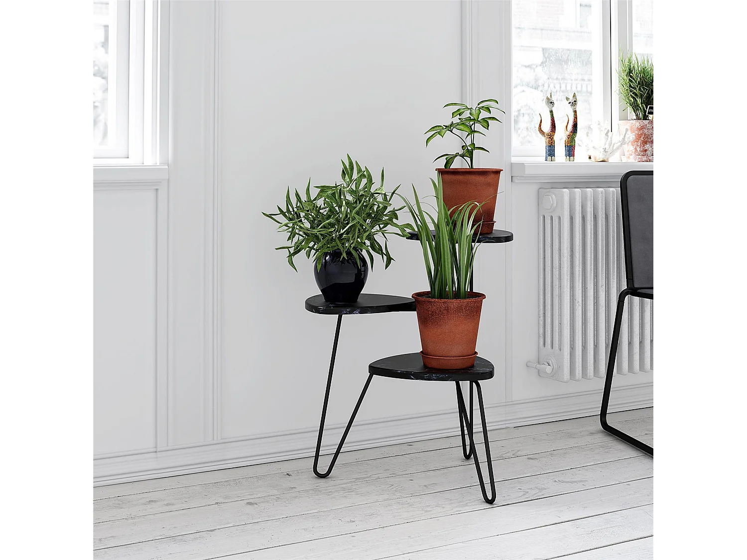 Pflanzenständer aus PVC-laminierten Spanplatten in Marmor, schwarz